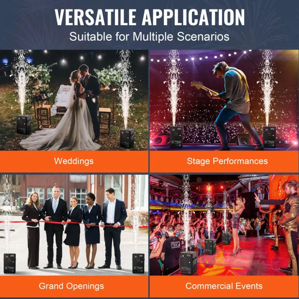VEVOR Cold Spark Machine, 2 Pack 700W Output Fireworks Controllers, 6.6-16.4ft Adjustable Height, with Advanced DMX System,LED Screen,Portable Handle, Aluminum Alloy for Stage DJ Wedding Event,Party