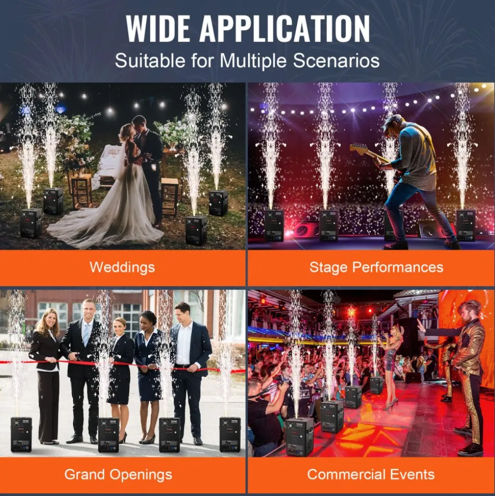 VEVOR Cold Spark Machine, 4 Pack 700W Output Fireworks Controllers, 6.6-16.4ft Adjustable Height, with Advanced DMX System,LED Screen,Portable Handle, Aluminum Alloy for Stage DJ Wedding Event,Party