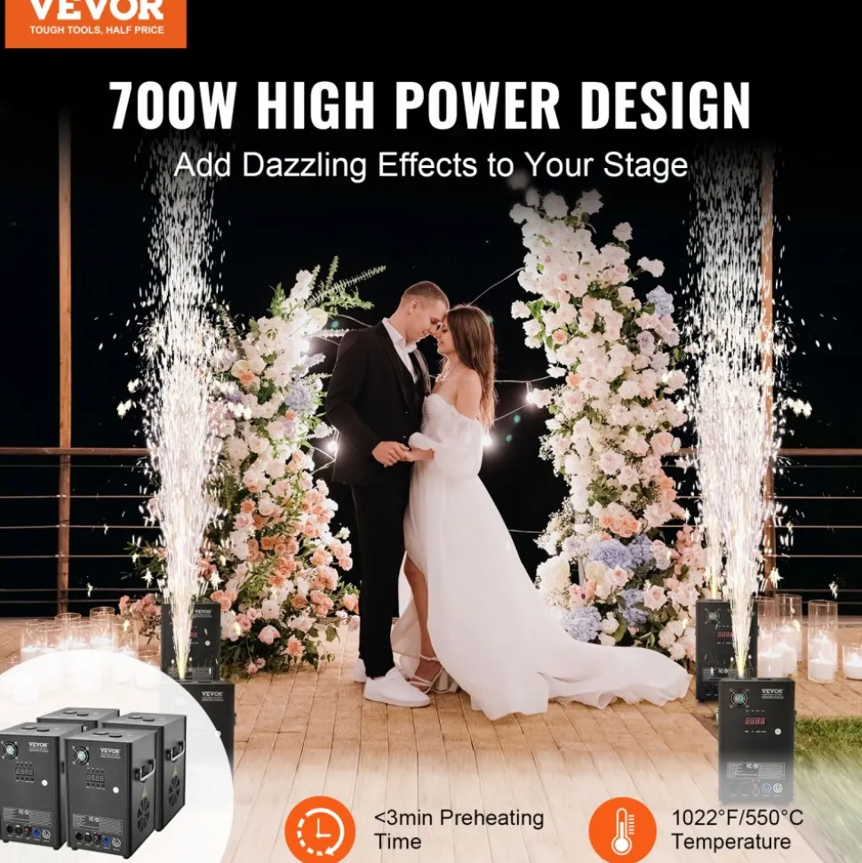 VEVOR Cold Spark Machine, 4 Pack 700W Output Fireworks Controllers, 6.6-16.4ft Adjustable Height, with Advanced DMX System,LED Screen,Portable Handle, Aluminum Alloy for Stage DJ Wedding Event,Party