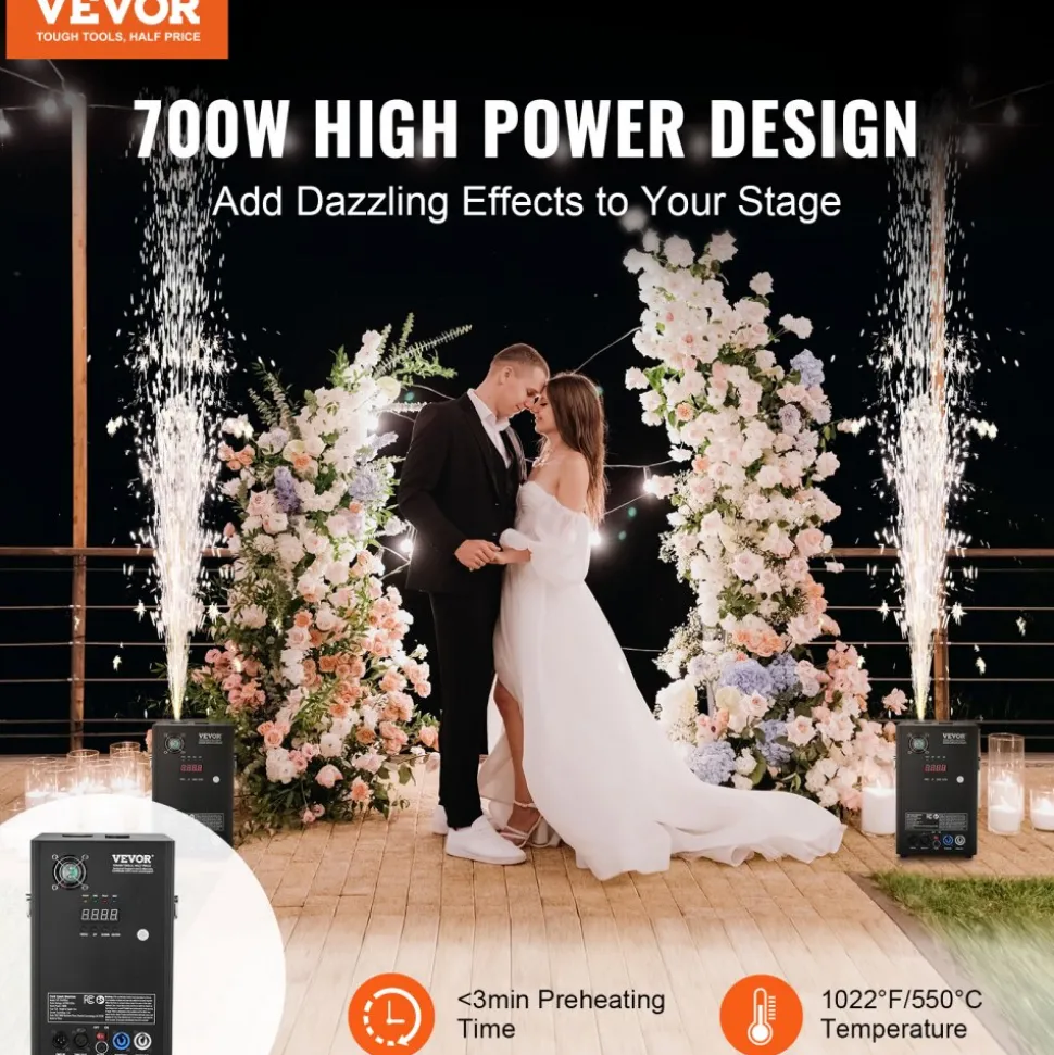 VEVOR Cold Spark Machine, 700W Output Fireworks Controller, 6.6-16.4ft Adjustable Height, with Advanced DMX System,LED Screen,Portable Handle,HeavyDuty Aluminum Alloy for Stage DJ Wedding Event,Party