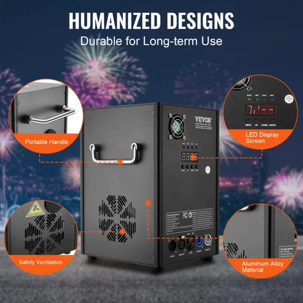VEVOR Cold Spark Machine, 700W Output Fireworks Controller, 6.6-16.4ft Adjustable Height, with Advanced DMX System,LED Screen,Portable Handle,HeavyDuty Aluminum Alloy for Stage DJ Wedding Event,Party