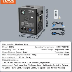 VEVOR Cold Spark Machine, 500W Output Fireworks Controller, 6.6-13ft Adjustable Height, with Advanced DMX System,LED Screen,Portable Handle, HeavyDuty Aluminum Alloy for Stage DJ Wedding Event,Party