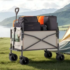 VEVOR Collapsible Folding Wagon, 550lb Load & 220L, 2 in 1 Foldable Wagon Cart Converts to Bench, Utility Wagon with Adjustable Handle, Outdoor Cart for Groceries Shopping, Camping, Gardening