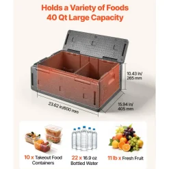 VEVOR Collapsible Insulated Food Warmer, 40 Qt Non-Electrical Thermal Carrier, Lightweight and High-rigidity EPP Hot Box, for Delivery, Transport, Catering BBQ Event, Keeps Warm/Cold 4 Hours (Gray)