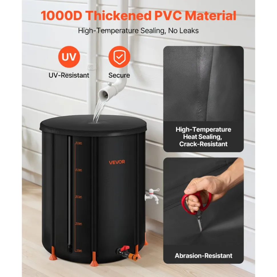 VEVOR Collapsible Rain Barrel, 53 Gallon Portable Rain Water Collection Barrel, 1000D PVC Rainwater Collection System, Garden Water Catcher Tank Storage Container with Spigot & Overflow Kit, Black