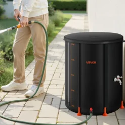 VEVOR Collapsible Rain Barrel, 53 Gallon Portable Rain Water Collection Barrel, 1000D PVC Rainwater Collection System, Garden Water Catcher Tank Storage Container with Spigot & Overflow Kit, Black