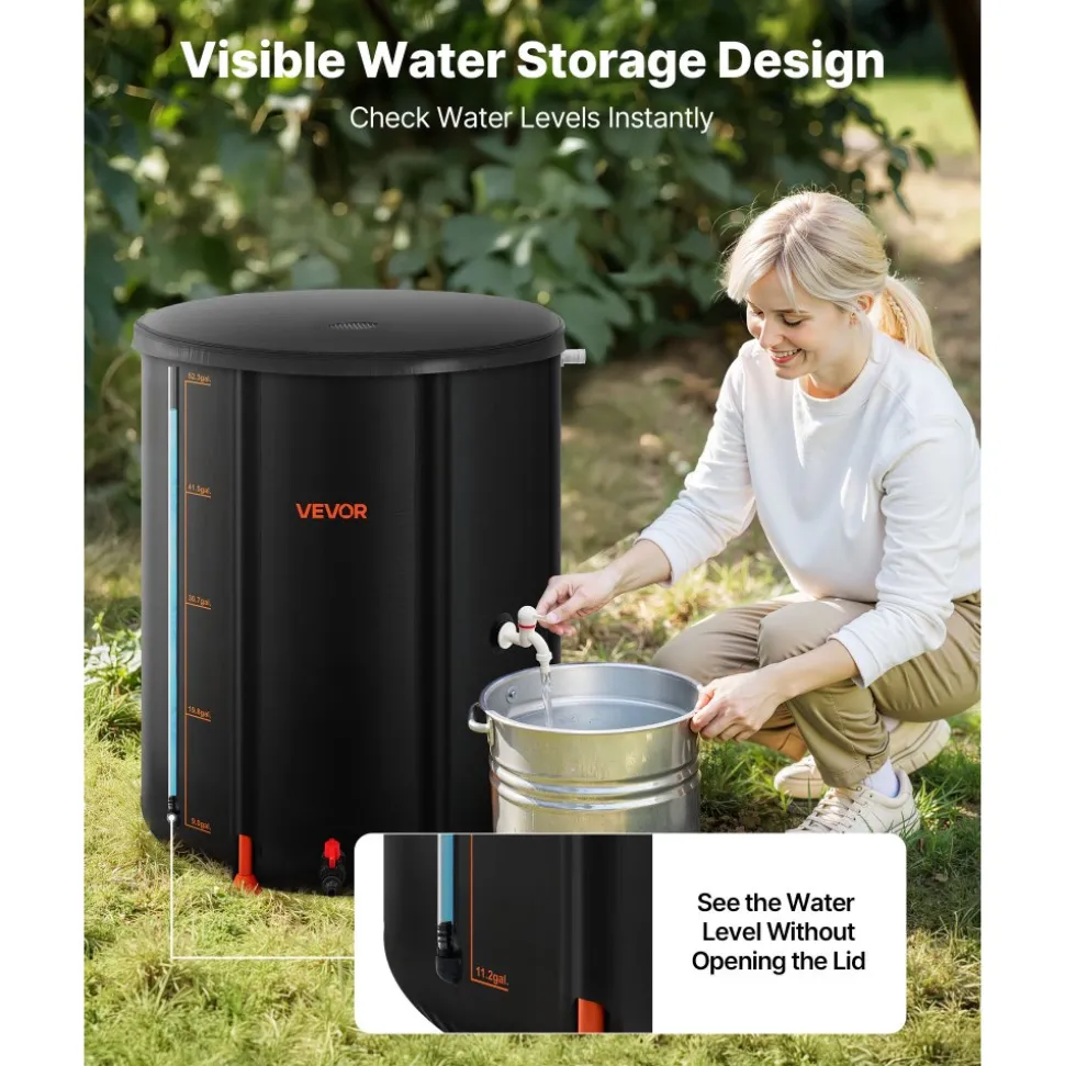 VEVOR Collapsible Rain Barrel, 53 Gallon Portable Rain Water Collection Barrel, 1000D PVC Rainwater Collection System, Garden Water Catcher Tank Storage Container with Spigot & Overflow Kit, Black