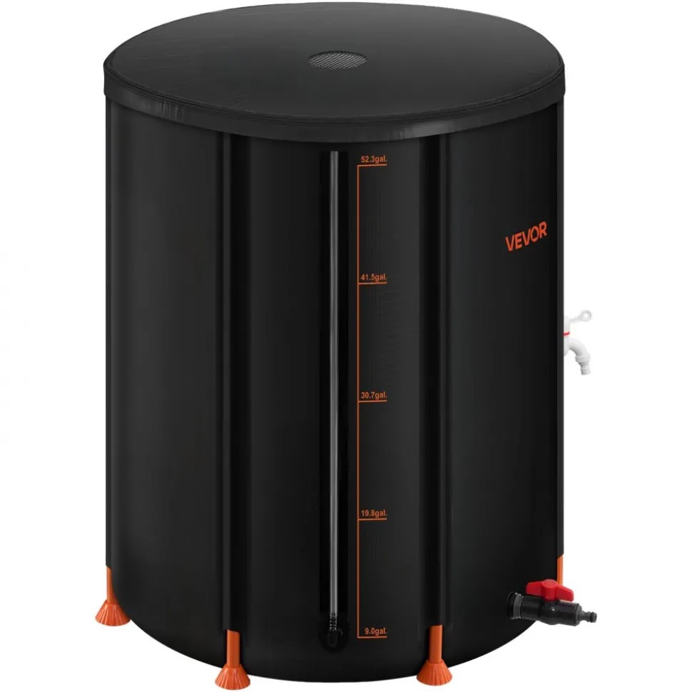 VEVOR Collapsible Rain Barrel, 53 Gallon Portable Rain Water Collection Barrel, 1000D PVC Rainwater Collection System, Garden Water Catcher Tank Storage Container with Spigot & Overflow Kit, Black