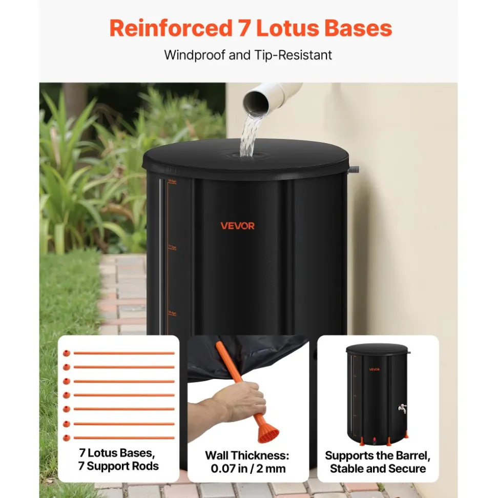VEVOR Collapsible Rain Barrel, 100 Gallon Portable Rain Water Collection Barrel, 1000D PVC Rainwater Collection System, Garden Water Catcher Tank Storage Container with Spigot & Overflow Kit, Black