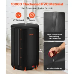 VEVOR Collapsible Rain Barrel, 100 Gallon Portable Rain Water Collection Barrel, 1000D PVC Rainwater Collection System, Garden Water Catcher Tank Storage Container with Spigot & Overflow Kit, Black