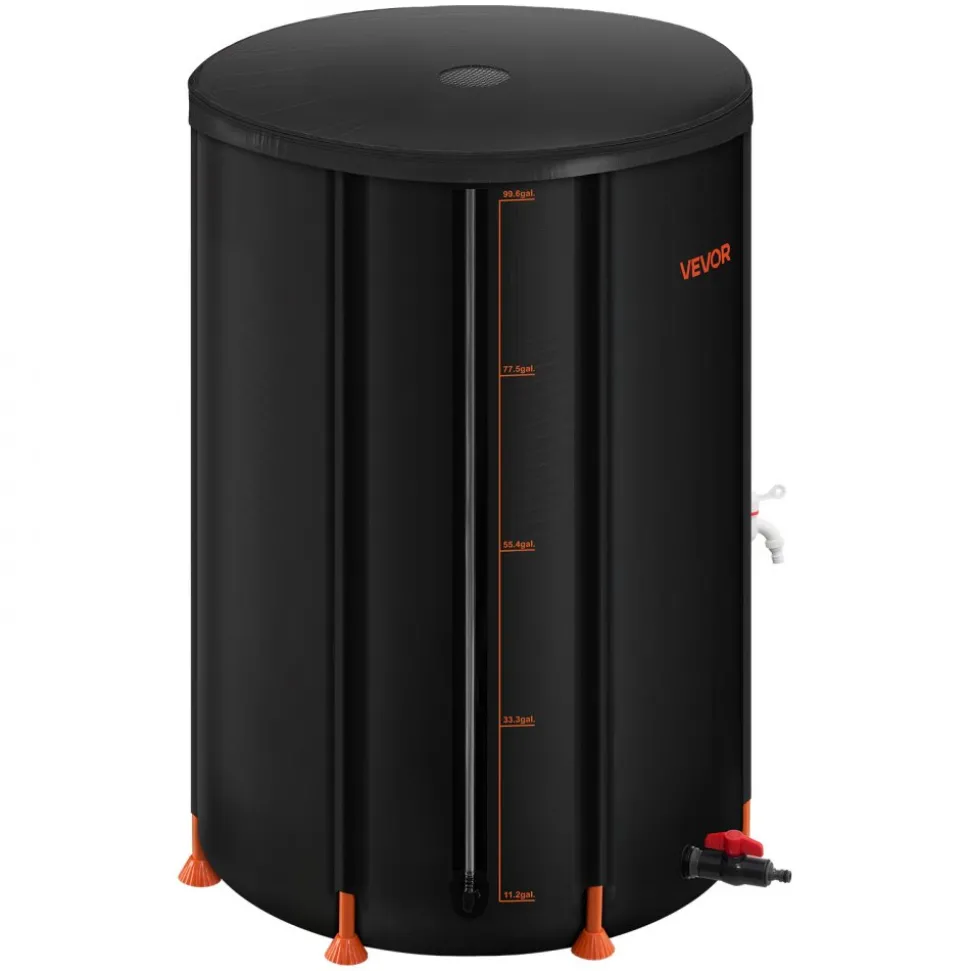 VEVOR Collapsible Rain Barrel, 100 Gallon Portable Rain Water Collection Barrel, 1000D PVC Rainwater Collection System, Garden Water Catcher Tank Storage Container with Spigot & Overflow Kit, Black