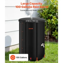 VEVOR Collapsible Rain Barrel, 100 Gallon Portable Rain Water Collection Barrel, 1000D PVC Rainwater Collection System, Garden Water Catcher Tank Storage Container with Spigot & Overflow Kit, Black