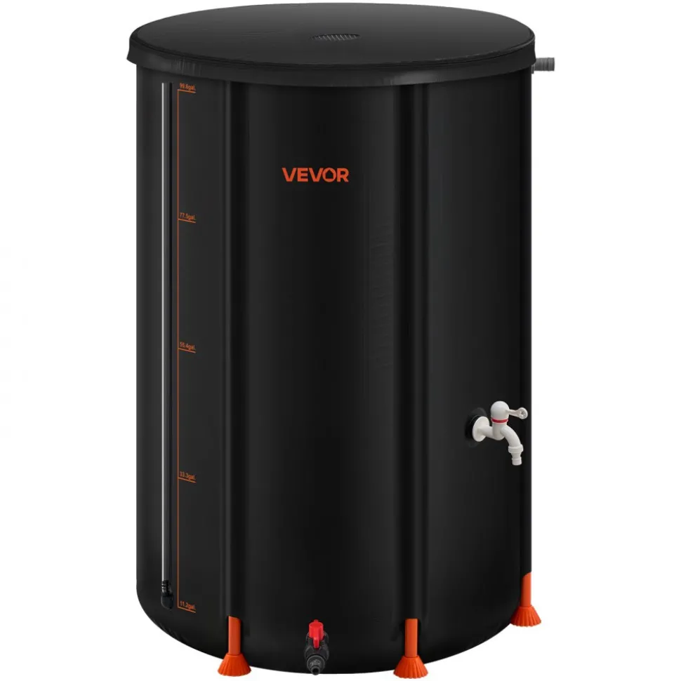 VEVOR Collapsible Rain Barrel, 100 Gallon Portable Rain Water Collection Barrel, 1000D PVC Rainwater Collection System, Garden Water Catcher Tank Storage Container with Spigot & Overflow Kit, Black