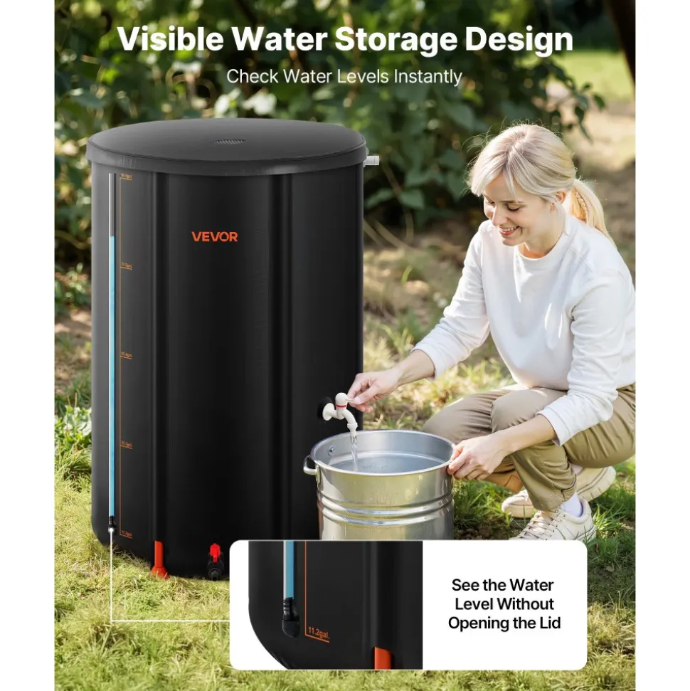 VEVOR Collapsible Rain Barrel, 100 Gallon Portable Rain Water Collection Barrel, 1000D PVC Rainwater Collection System, Garden Water Catcher Tank Storage Container with Spigot & Overflow Kit, Black
