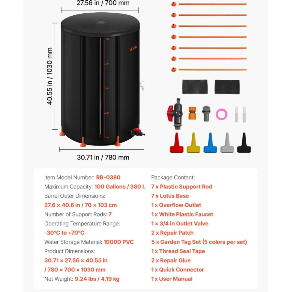 VEVOR Collapsible Rain Barrel, 100 Gallon Portable Rain Water Collection Barrel, 1000D PVC Rainwater Collection System, Garden Water Catcher Tank Storage Container with Spigot & Overflow Kit, Black