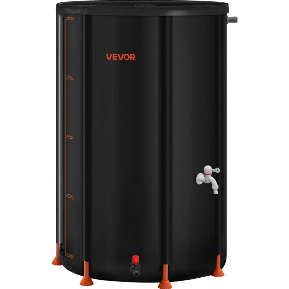 VEVOR Collapsible Rain Barrel, 100 Gallon Portable Rain Water Collection Barrel, 1000D PVC Rainwater Collection System, Garden Water Catcher Tank Storage Container with Spigot & Overflow Kit, Black