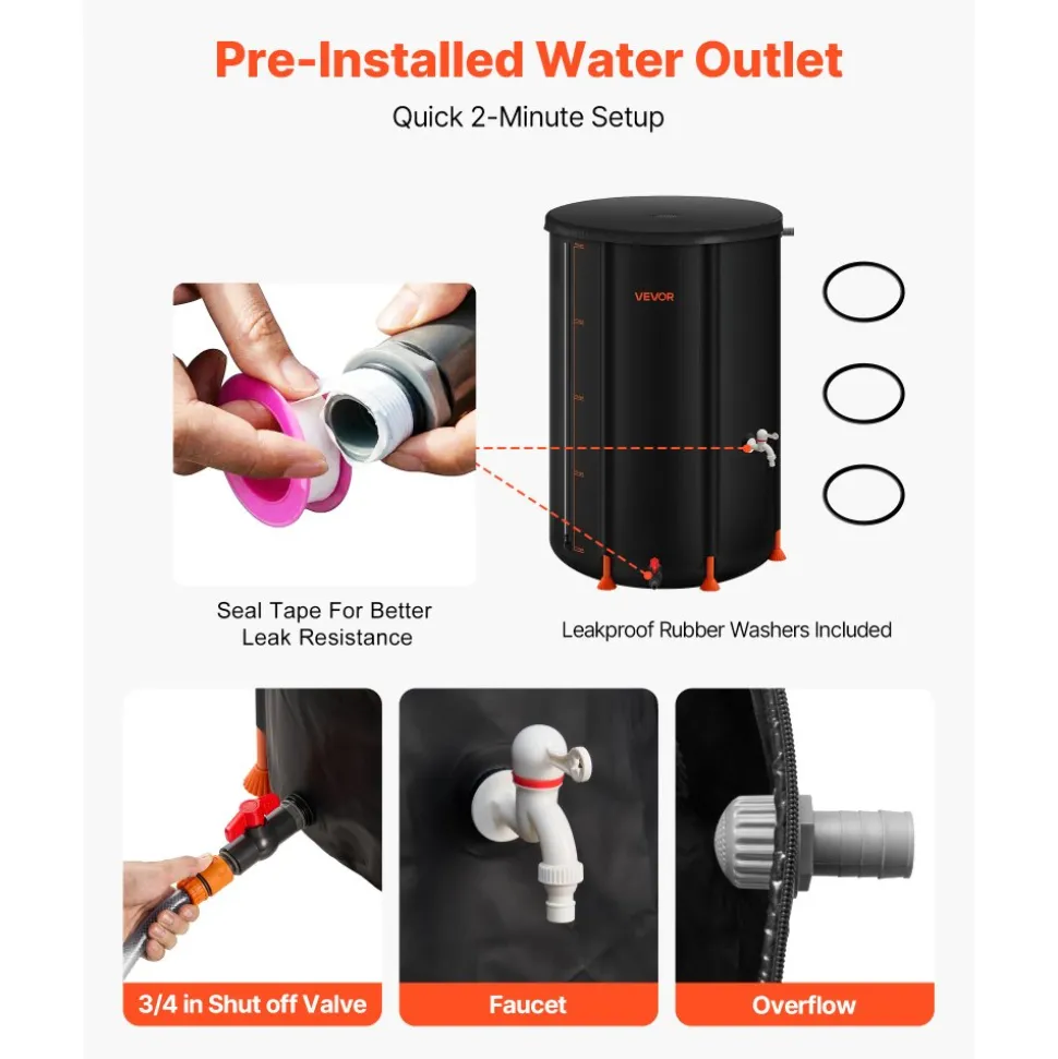 VEVOR Collapsible Rain Barrel, 100 Gallon Portable Rain Water Collection Barrel, 1000D PVC Rainwater Collection System, Garden Water Catcher Tank Storage Container with Spigot & Overflow Kit, Black