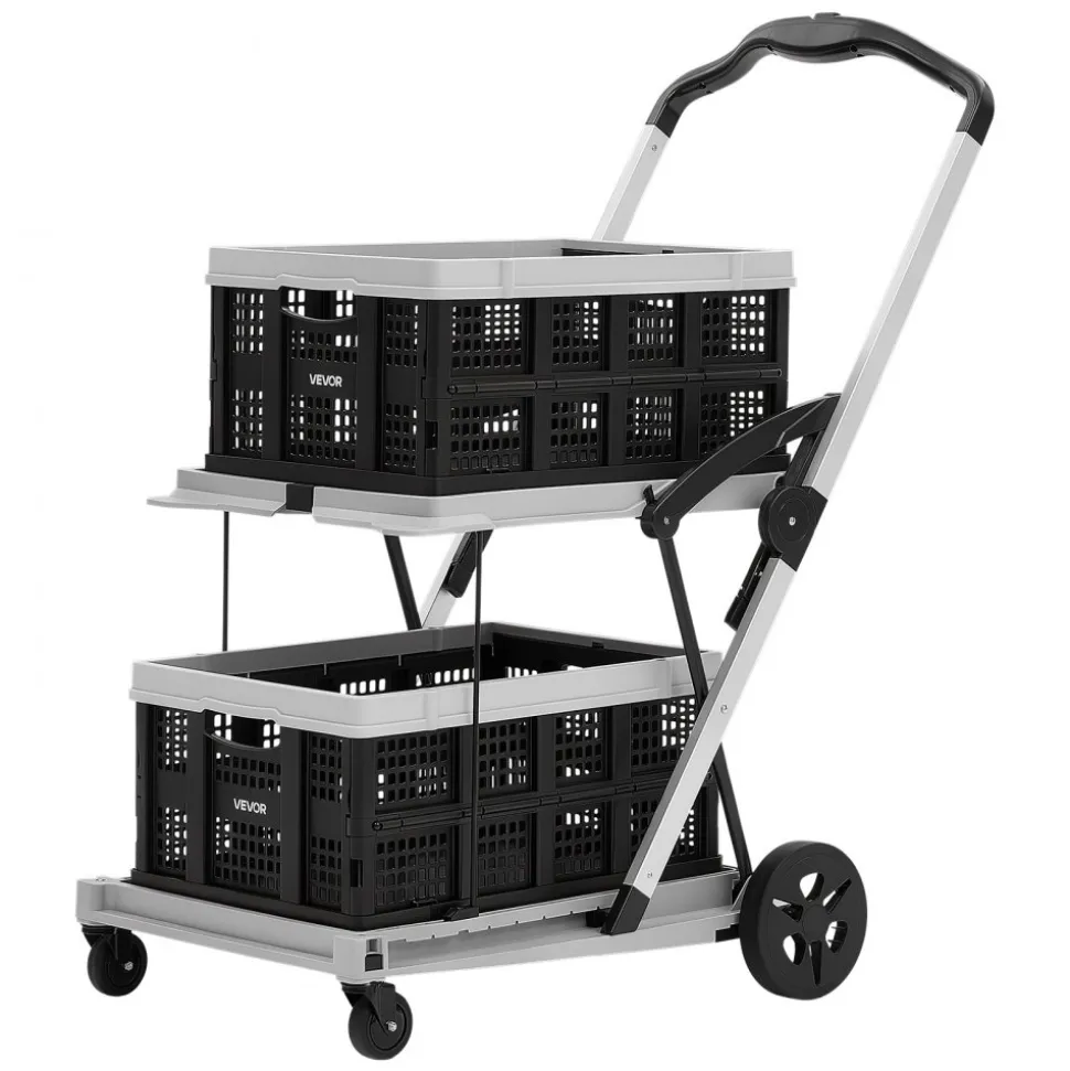 VEVOR Collapsible Shopping Cart with Wheels Foldable for Grocery Black Gray, 200lbs Capacity Rolling Utility Cart, Storage Crate & Foot Brake, Portable Folding for Groceries, Warehouse, Supermarket