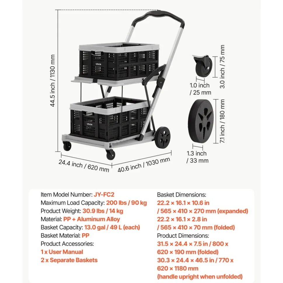 VEVOR Collapsible Shopping Cart with Wheels Foldable for Grocery Black Gray, 200lbs Capacity Rolling Utility Cart, Storage Crate & Foot Brake, Portable Folding for Groceries, Warehouse, Supermarket