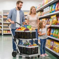 VEVOR Collapsible Shopping Cart with Wheels Foldable for Grocery Black Gray, 200lbs Capacity Rolling Utility Cart, Storage Crate & Foot Brake, Portable Folding for Groceries, Warehouse, Supermarket
