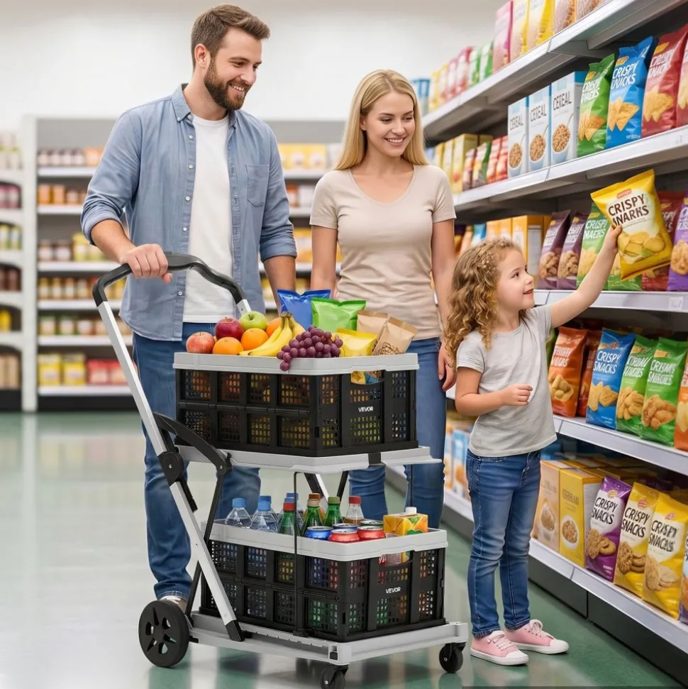 VEVOR Collapsible Shopping Cart with Wheels Foldable for Grocery Black Gray, 200lbs Capacity Rolling Utility Cart, Storage Crate & Foot Brake, Portable Folding for Groceries, Warehouse, Supermarket