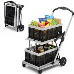VEVOR Collapsible Shopping Cart with Wheels Foldable for Grocery Black Gray, 200lbs Capacity Rolling Utility Cart, Storage Crate & Foot Brake, Portable Folding for Groceries, Warehouse, Supermarket