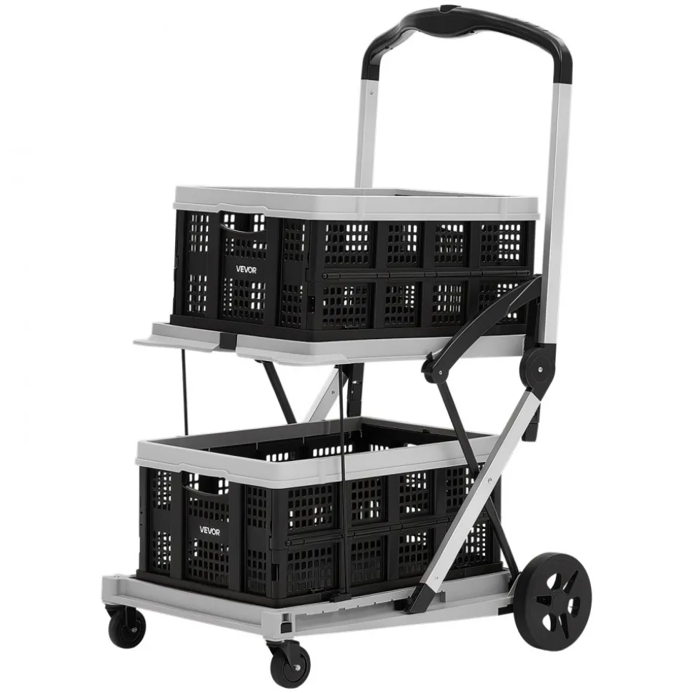 VEVOR Collapsible Shopping Cart with Wheels Foldable for Grocery Black Gray, 200lbs Capacity Rolling Utility Cart, Storage Crate & Foot Brake, Portable Folding for Groceries, Warehouse, Supermarket