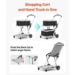 VEVOR Collapsible Shopping Cart with Wheels Foldable for Grocery Black Gray, 200lbs Capacity Rolling Utility Cart, Storage Crate & Foot Brake, Portable Folding for Groceries, Warehouse, Supermarket