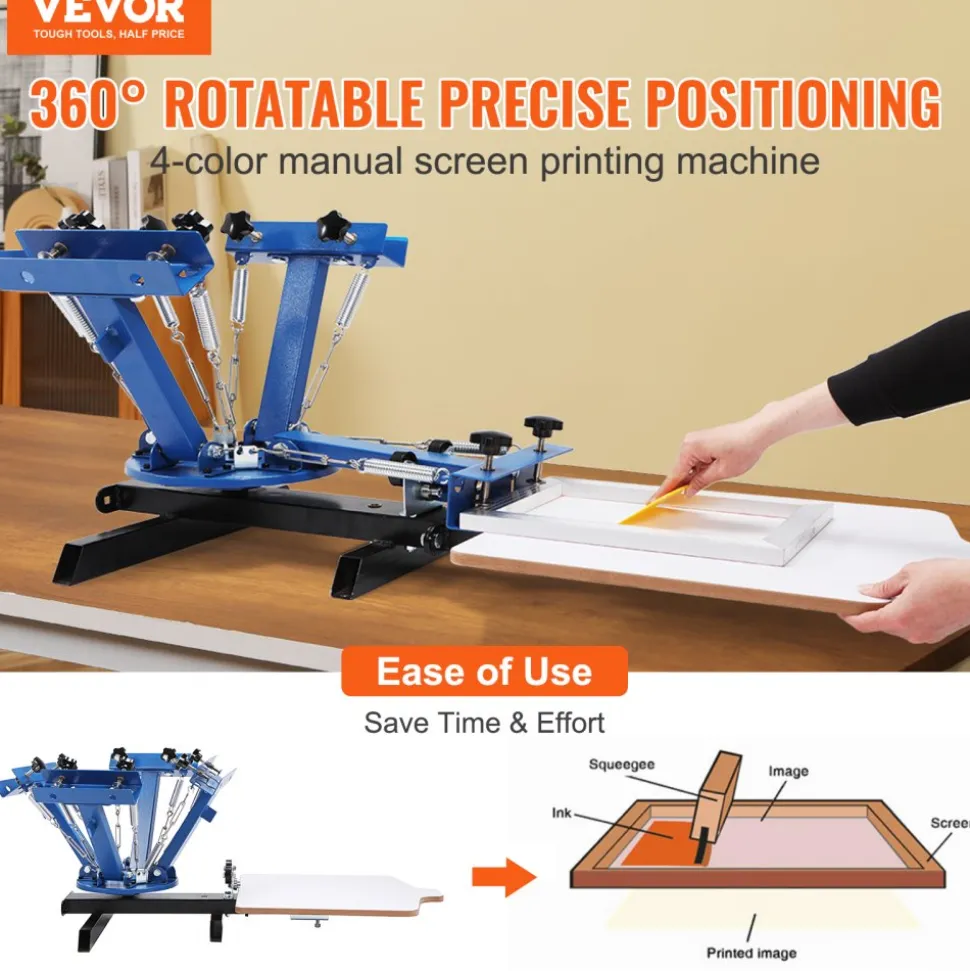 VEVOR 4 Color 1 Station Screen Printing Machine, 21.2x17.7in / 54x45cm Screen Printing Press 360° Rotable Silk, Double-Layer Positioning Pallet for T-Shirt DIY Printing