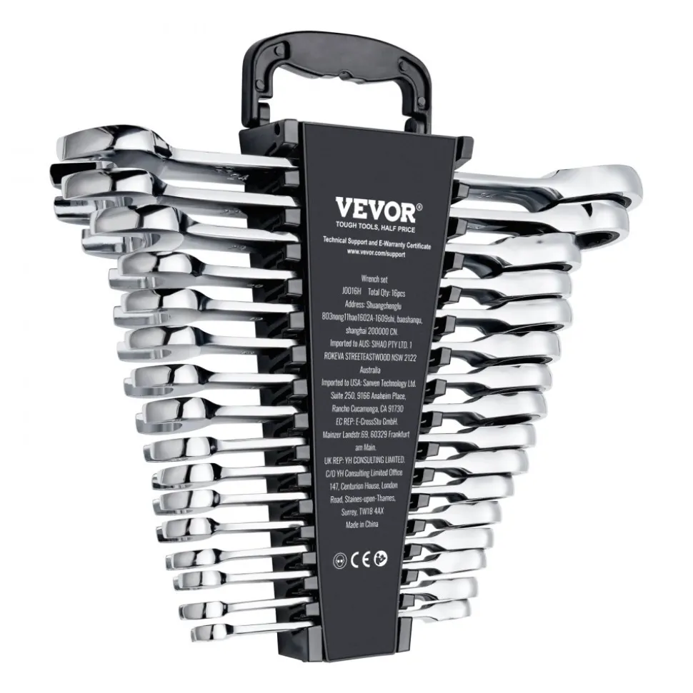 VEVOR Combination Wrench Set, 16-Piece Ratcheting Wrench Set with Organizer Rack, Cr-V Steel Wrench Set Metric 8 mm to 24 mm, Ideal for General Household, Garage, Workshop, Auto Repairs, Emergency