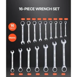 VEVOR Combination Wrench Set, 16-Piece Ratcheting Wrench Set with Organizer Rack, Cr-V Steel Wrench Set Metric 8 mm to 24 mm, Ideal for General Household, Garage, Workshop, Auto Repairs, Emergency