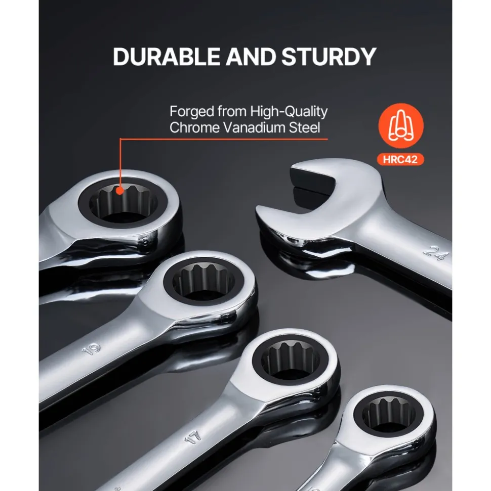 VEVOR Combination Wrench Set, 16-Piece Ratcheting Wrench Set with Organizer Rack, Cr-V Steel Wrench Set Metric 8 mm to 24 mm, Ideal for General Household, Garage, Workshop, Auto Repairs, Emergency