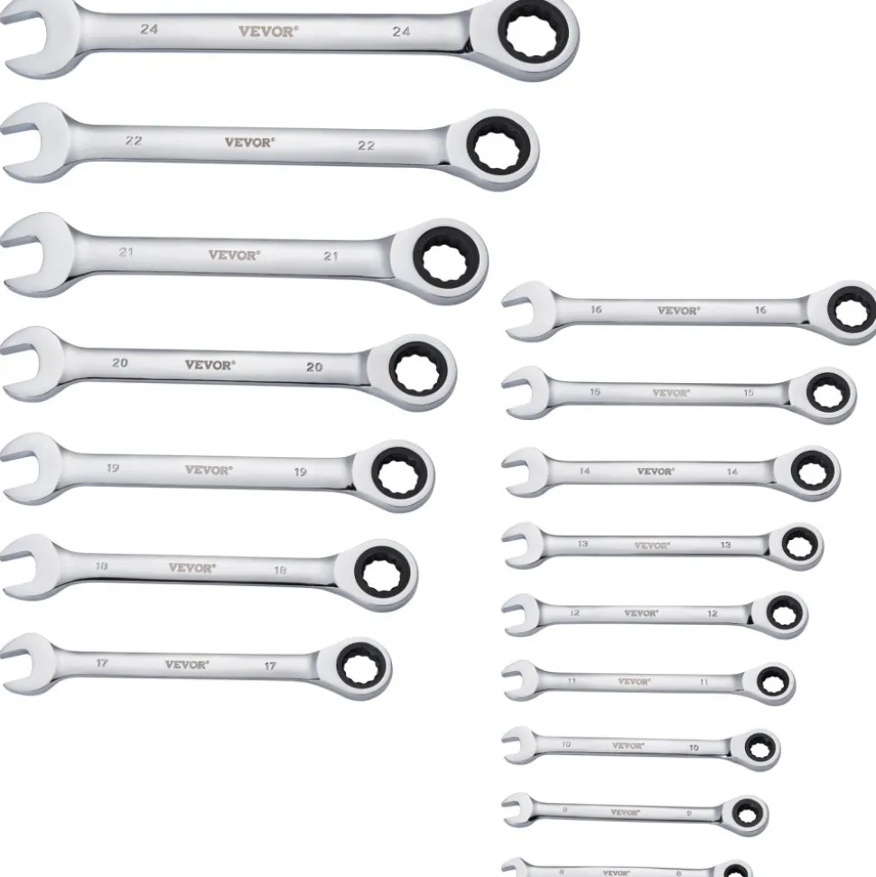VEVOR Combination Wrench Set, 16-Piece Ratcheting Wrench Set with Organizer Rack, Cr-V Steel Wrench Set Metric 8 mm to 24 mm, Ideal for General Household, Garage, Workshop, Auto Repairs, Emergency