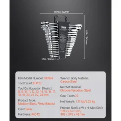 VEVOR Combination Wrench Set, 16-Piece Ratcheting Wrench Set with Organizer Rack, Cr-V Steel Wrench Set Metric 8 mm to 24 mm, Ideal for General Household, Garage, Workshop, Auto Repairs, Emergency