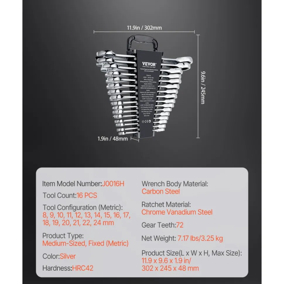 VEVOR Combination Wrench Set, 16-Piece Ratcheting Wrench Set with Organizer Rack, Cr-V Steel Wrench Set Metric 8 mm to 24 mm, Ideal for General Household, Garage, Workshop, Auto Repairs, Emergency