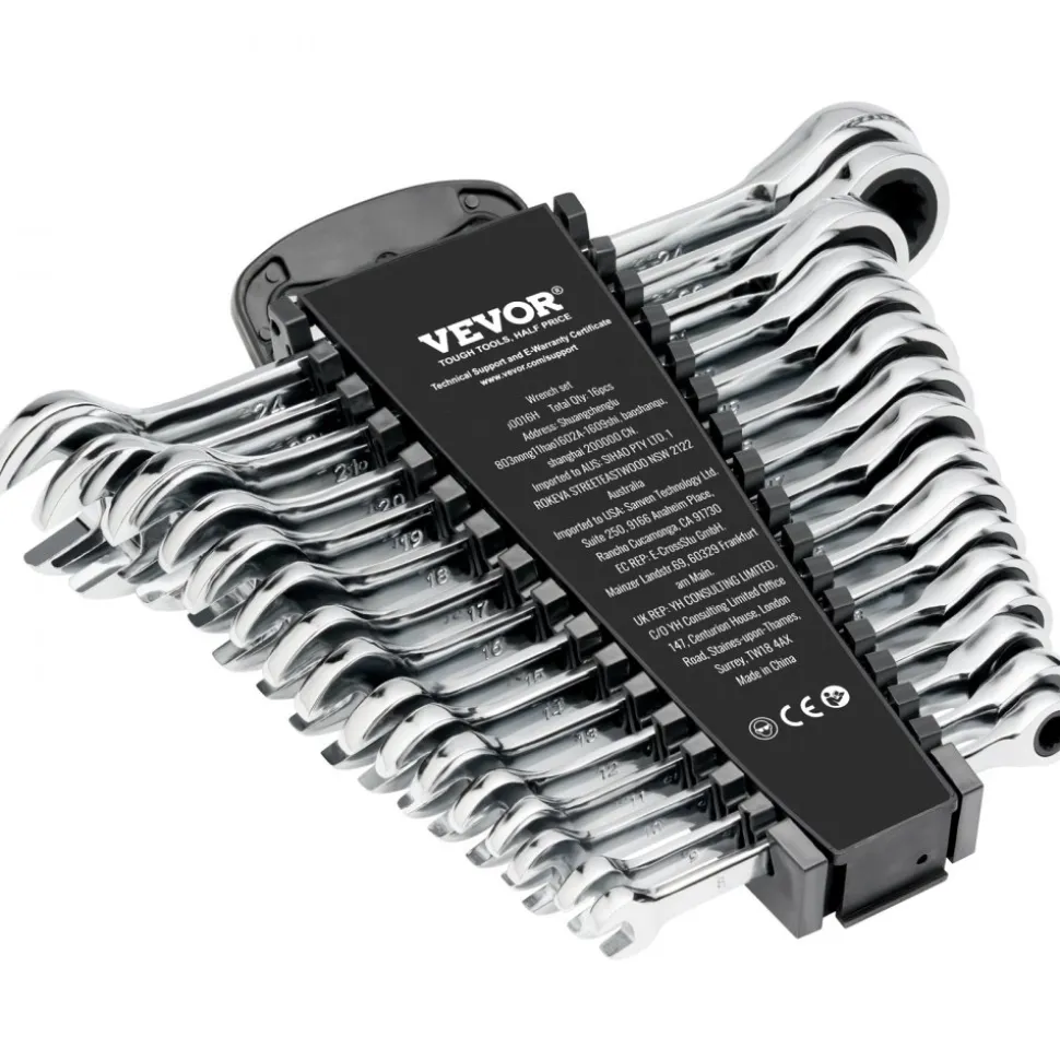 VEVOR Combination Wrench Set, 16-Piece Ratcheting Wrench Set with Organizer Rack, Cr-V Steel Wrench Set Metric 8 mm to 24 mm, Ideal for General Household, Garage, Workshop, Auto Repairs, Emergency