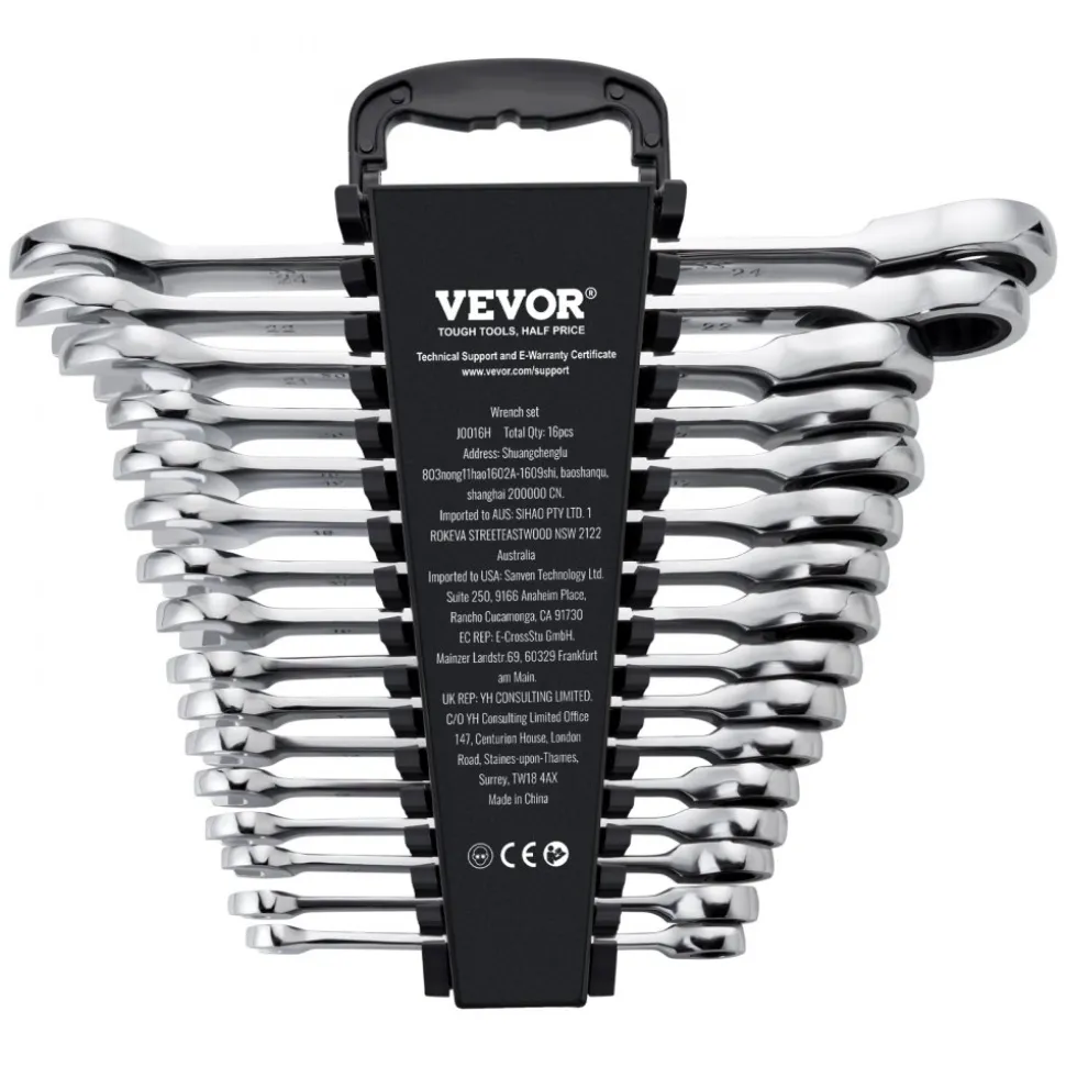 VEVOR Combination Wrench Set, 16-Piece Ratcheting Wrench Set with Organizer Rack, Cr-V Steel Wrench Set Metric 8 mm to 24 mm, Ideal for General Household, Garage, Workshop, Auto Repairs, Emergency