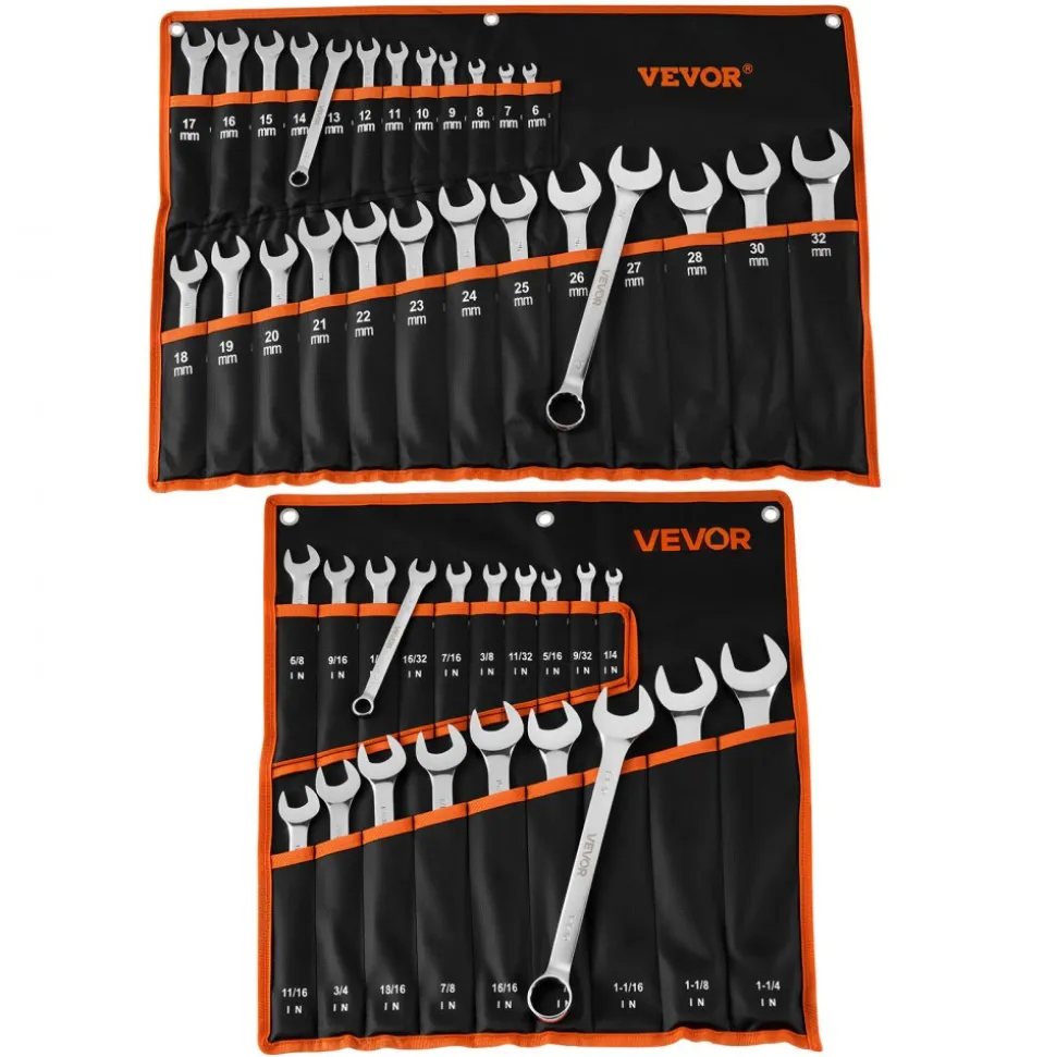 VEVOR Combination Wrench Set, 44-Piece SAE and Metric, 12-Point Box End and 15° Angled Open End Combination Wrenches with Roll Up Pouch, Carbon Steel, for General Household and Automotive Repairs
