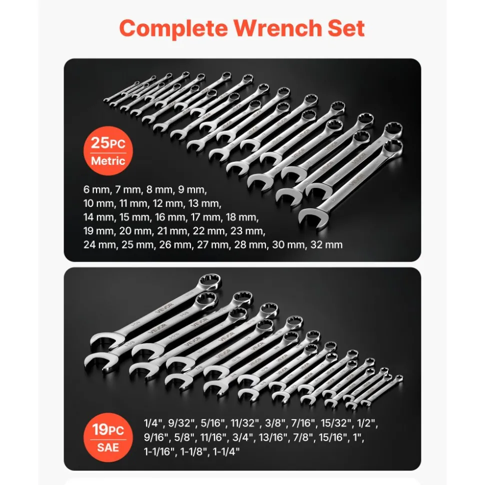 VEVOR Combination Wrench Set, 44-Piece SAE and Metric, 12-Point Box End and 15° Angled Open End Combination Wrenches with Roll Up Pouch, Carbon Steel, for General Household and Automotive Repairs