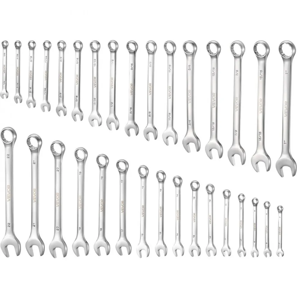 VEVOR Combination Wrench Set, 32-Piece SAE and Metric, 12-Point Box End and 15° Angled Open End Combination Wrenches with Roll Up Pouch, Carbon Steel, for General Household and Automotive Repairs