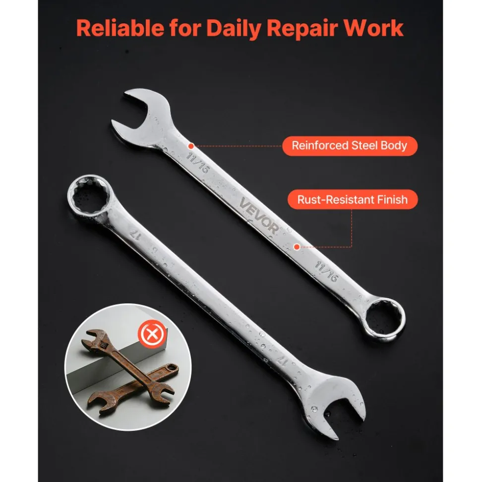 VEVOR Combination Wrench Set, 32-Piece SAE and Metric, 12-Point Box End and 15° Angled Open End Combination Wrenches with Roll Up Pouch, Carbon Steel, for General Household and Automotive Repairs