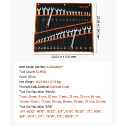 VEVOR Combination Wrench Set, 32-Piece SAE and Metric, 12-Point Box End and 15° Angled Open End Combination Wrenches with Roll Up Pouch, Carbon Steel, for General Household and Automotive Repairs