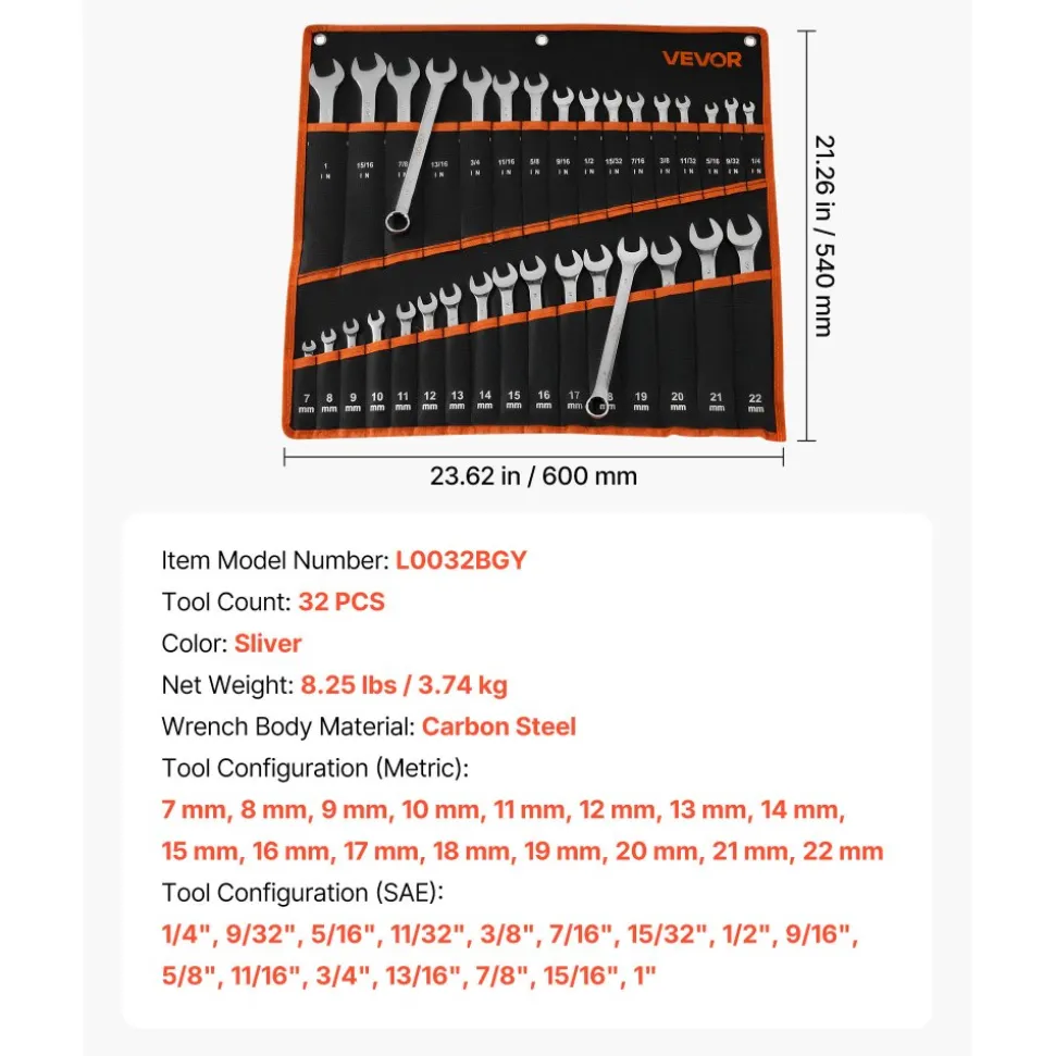VEVOR Combination Wrench Set, 32-Piece SAE and Metric, 12-Point Box End and 15° Angled Open End Combination Wrenches with Roll Up Pouch, Carbon Steel, for General Household and Automotive Repairs
