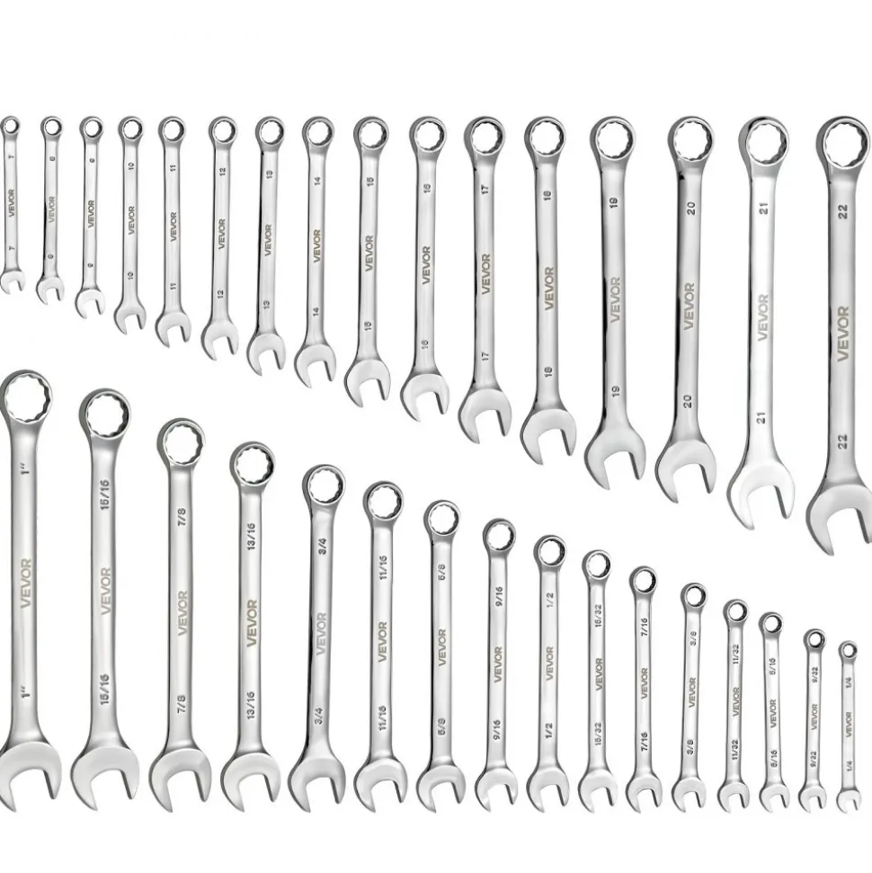 VEVOR Combination Wrench Set, 32-Piece SAE and Metric, 12-Point Box End and 15° Angled Open End Combination Wrenches with Roll Up Pouch, Carbon Steel, for General Household and Automotive Repairs