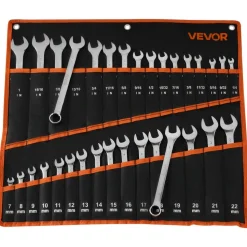 VEVOR Combination Wrench Set, 32-Piece SAE and Metric, 12-Point Box End and 15° Angled Open End Combination Wrenches with Roll Up Pouch, Carbon Steel, for General Household and Automotive Repairs