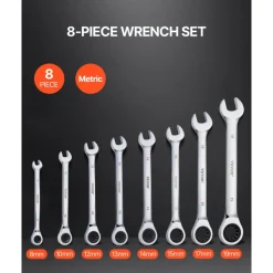 VEVOR Combination Wrench Set, 8-Piece Ratcheting Wrench Set with Organizer Rack, Cr-V Steel Wrench Set Metric 8 mm to 19 mm, Ideal for General Household, Garage, Workshop, Auto Repairs, Emergency