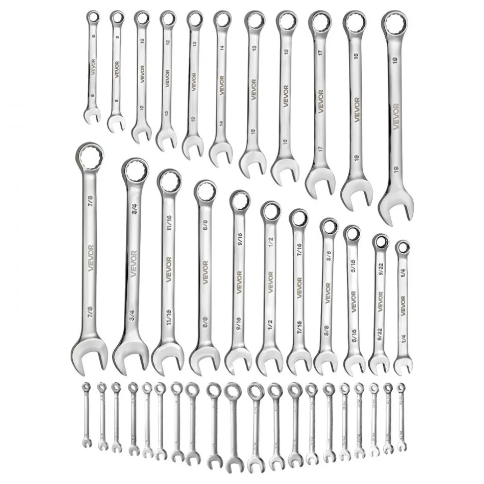 VEVOR Combination Wrench Set, 42-Piece SAE and Metric, 12-Point Box End and 15° Angled Open End Combination Wrenches with Roll Up Pouch, Carbon Steel, for General Household and Automotive Repairs