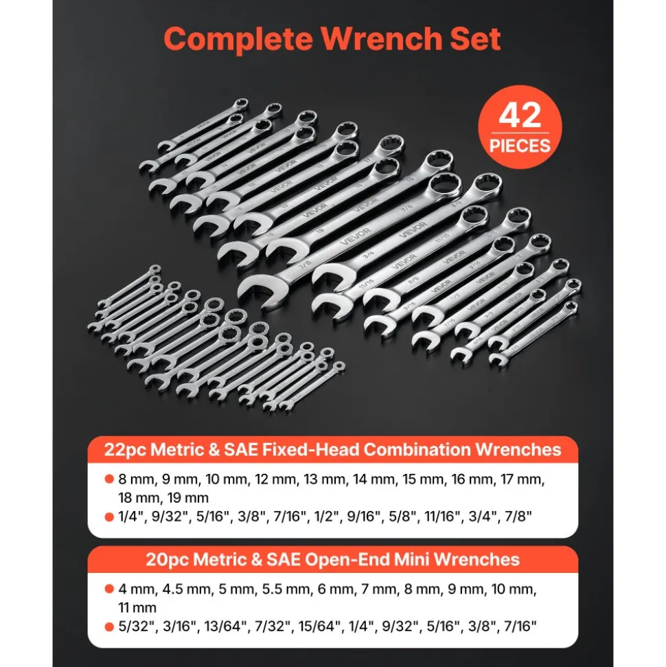 VEVOR Combination Wrench Set, 42-Piece SAE and Metric, 12-Point Box End and 15° Angled Open End Combination Wrenches with Roll Up Pouch, Carbon Steel, for General Household and Automotive Repairs