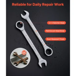 VEVOR Combination Wrench Set, 26-Piece SAE and Metric, 72 Teeth, Cr-V Steel Ratcheting Wrench Set, with Rack Organizer, Open End, Clear Size Labels, for General Household, Automotive Repairs, Silver
