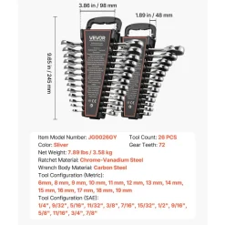 VEVOR Combination Wrench Set, 26-Piece SAE and Metric, 72 Teeth, Cr-V Steel Ratcheting Wrench Set, with Rack Organizer, Open End, Clear Size Labels, for General Household, Automotive Repairs, Silver